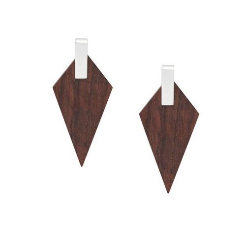 Brown wood and silver triangular drop earrings