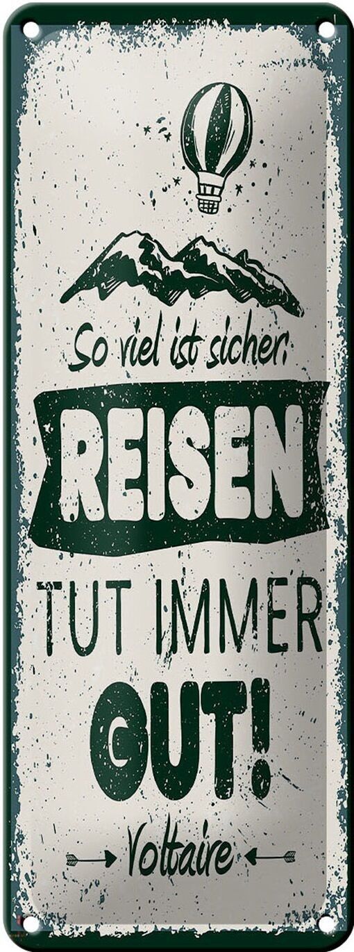 Cartel de chapa que dice Voltaire Viajar siempre es bueno decoración 10x27cm