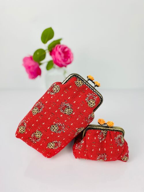 Duo d'etui de lunette et petit porte-monnaie ANANAS en jacquard style retro