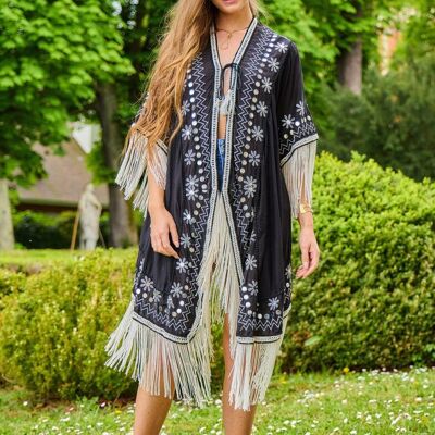 Sequin embroidered kimono dress with lace, fringe detail