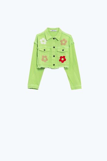 Veste courte avec poches poitrine et détails floraux en vert 4