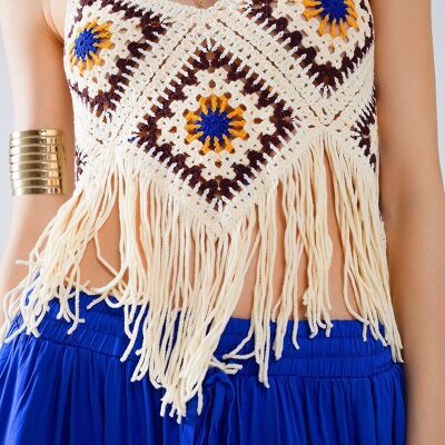 Crochet Top With Fringe Ends In Cream