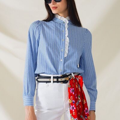 Blue Shirt With Vertical White stripes With Lace Detail