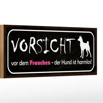 Holzschild Hinweis 27x10cm Vorsicht Frauchen Hund harmlos