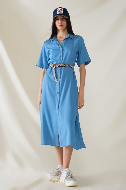 Blue Maxi Shirt Dress With Polo Collar
