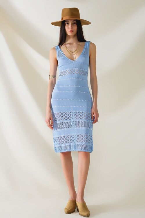 Baby Blue Midi Sleeveless Dress With V-neck and Crochet Design