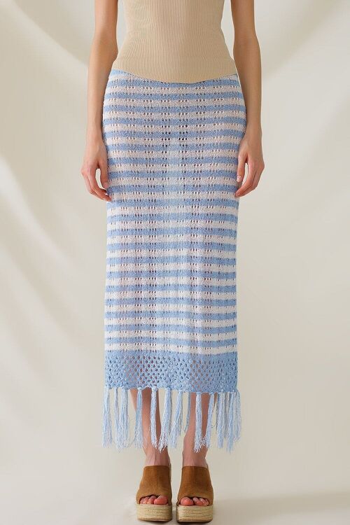 Midi Crochet White Skirt With Blue Stripes and Fringe Hem