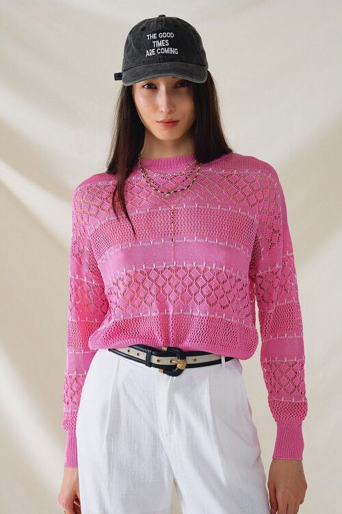 Crochet Long sleeve sweater with round neck in pink