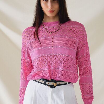 Gehäkelter Langarmpullover mit Rundhalsausschnitt in Pink