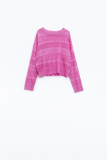 Pull à manches longues et col rond au crochet en rose 6