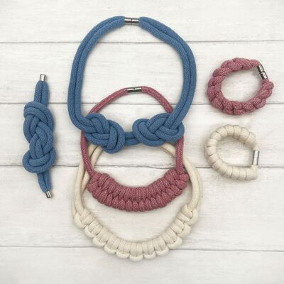 Kit de macramé, joyería de cuerda - Azul cielo, blanco y rosa