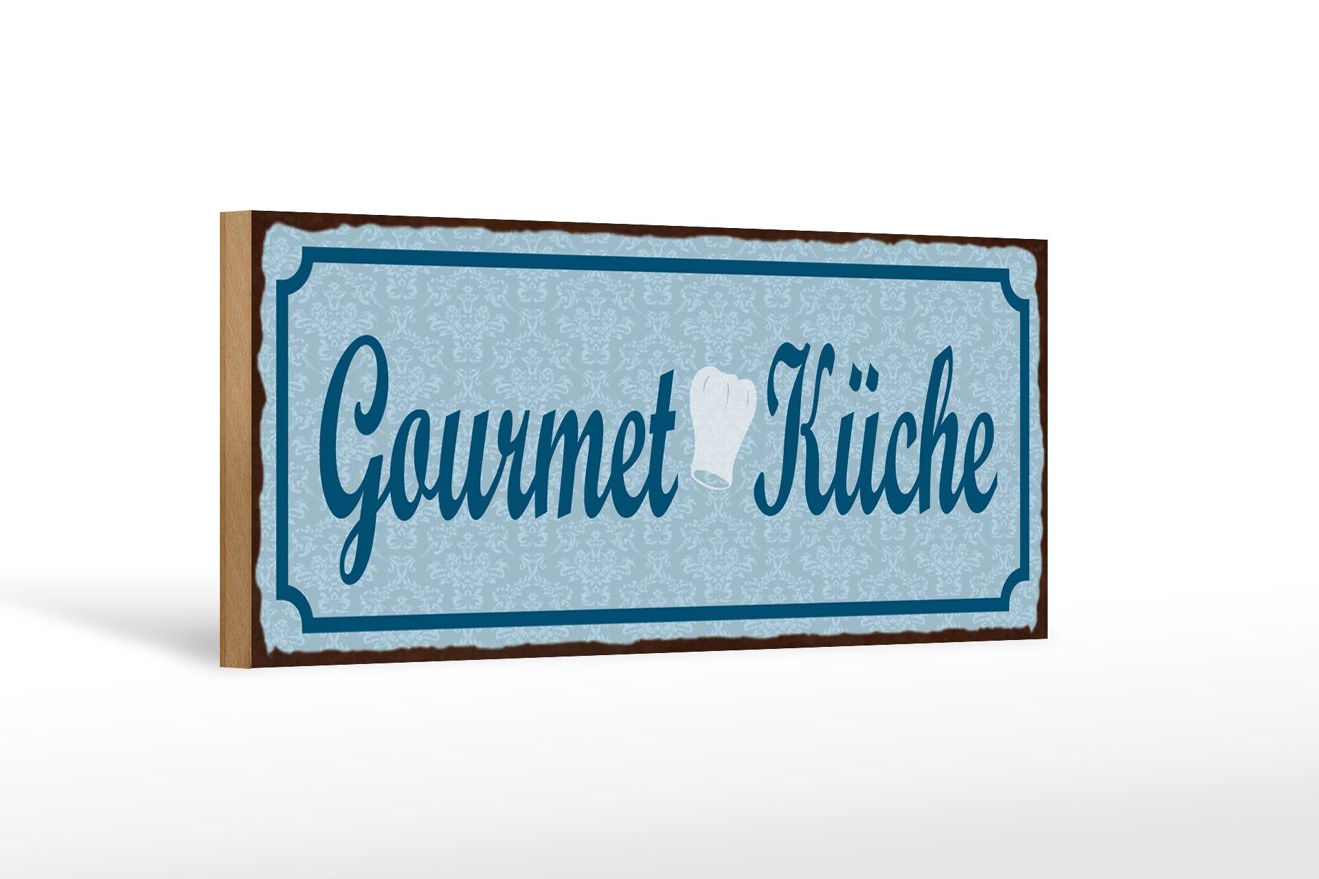 Cartello in legno avviso cucina gourmet 27x10 cm blu
