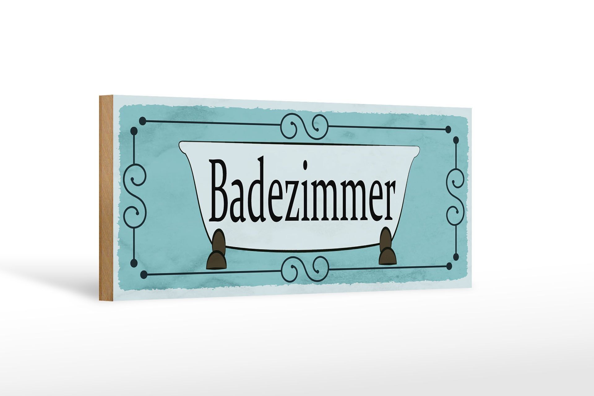Holzschild Hinweis 27x10cm Badezimmer blaues Schild