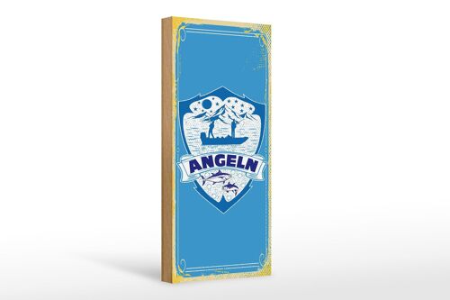 Holzschild Retro 10x27cm Angeln Angler Fische blaues Schild