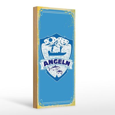 Holzschild Retro 10x27cm Angeln Angler Fische blaues Schild