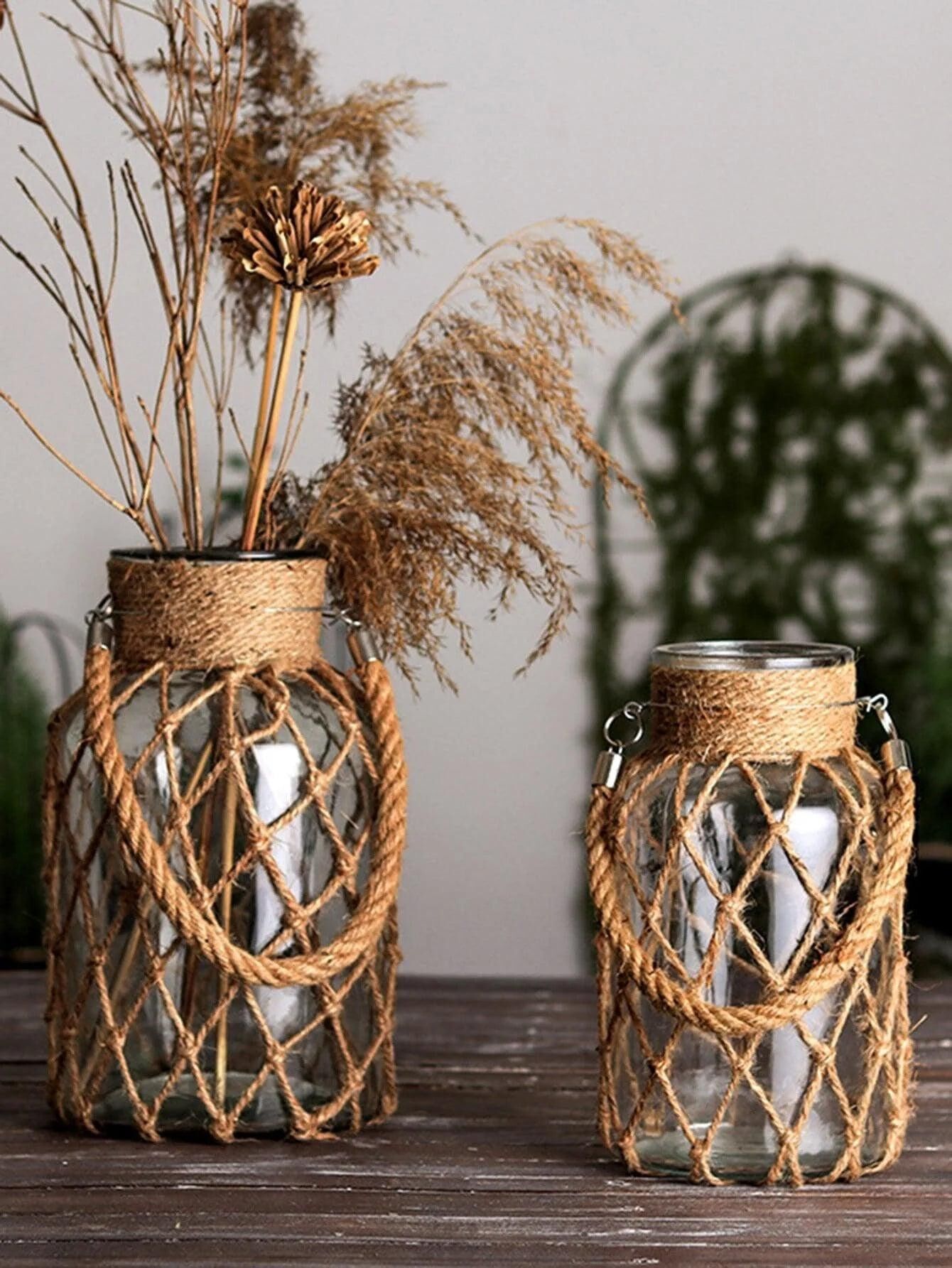 Rustic Hanging Glass Vase with Hemp Rope Net │ Artistic Transparent Dry Flower Jar Vase Set