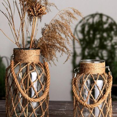 Rustic Hanging Glass Vase with Hemp Rope Net │ Artistic Transparent Dry Flower Jar Vase Set