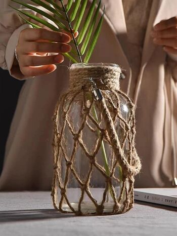 Vase en verre suspendu rustique avec filet en corde de chanvre │ Ensemble de vases à fleurs sèches transparents artistiques 2