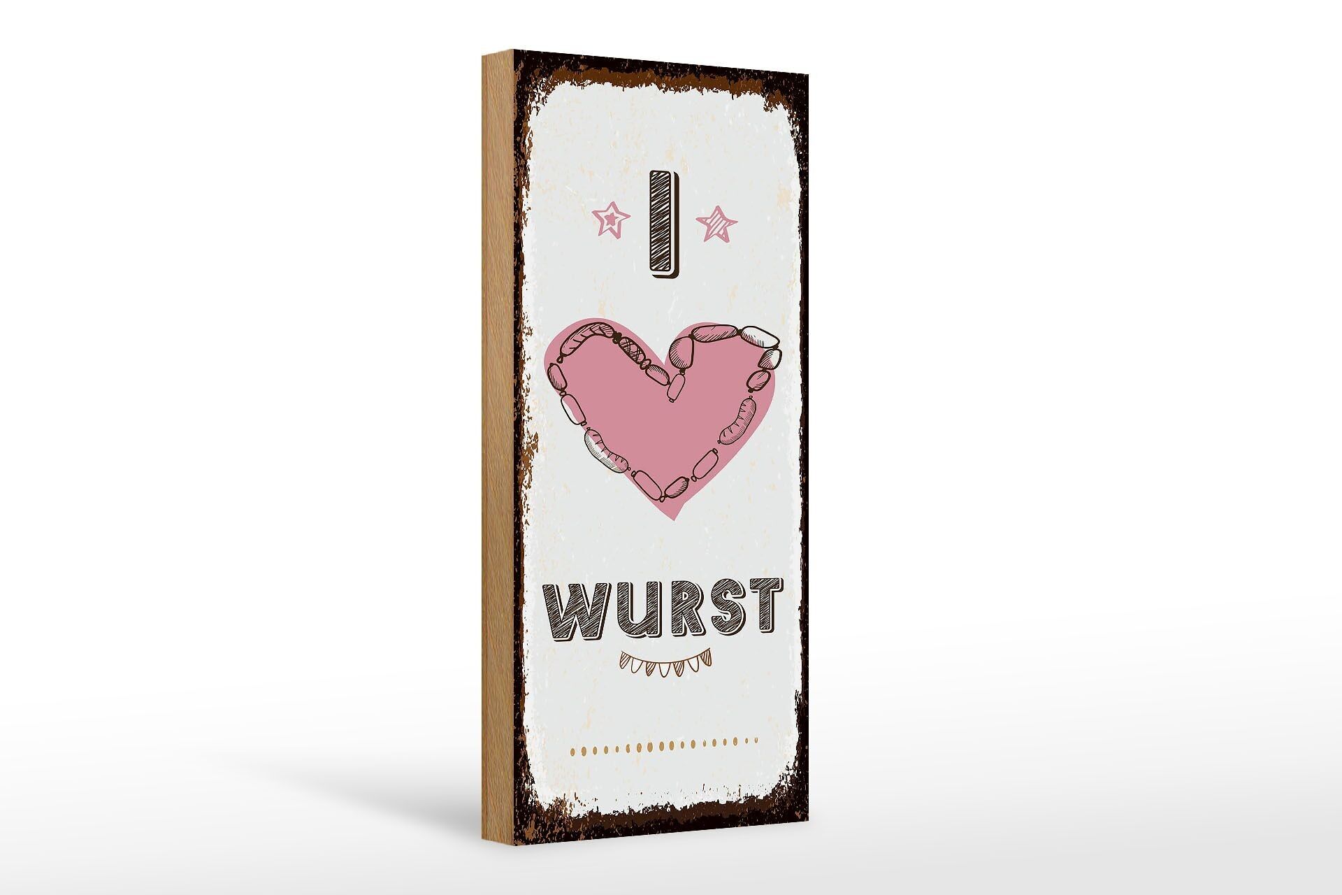 Cartello in legno con scritta "Il cibo amo la salsiccia" con cuore 10x27 cm