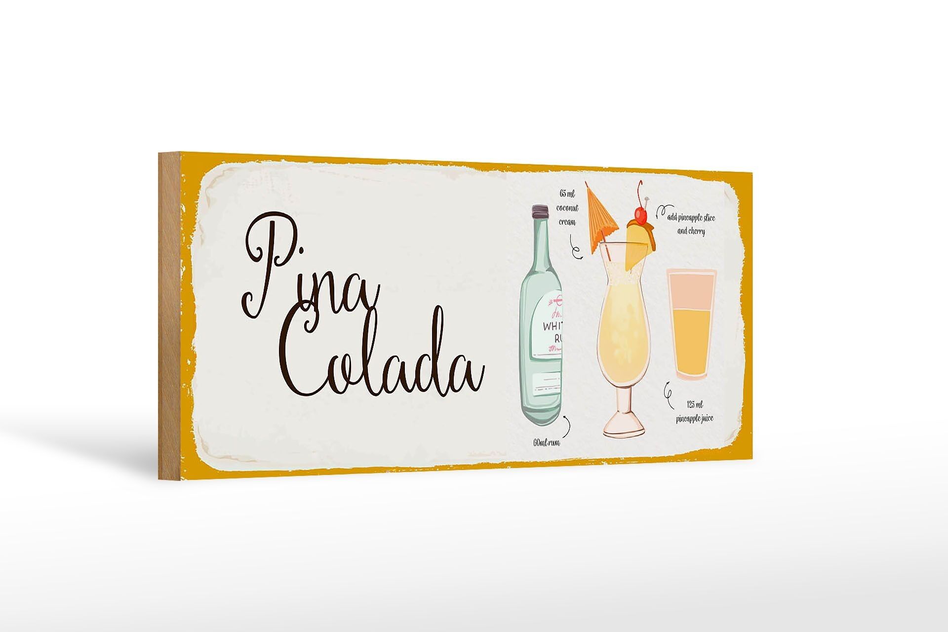 Letrero de madera receta 27x10cm Receta Cóctel Piña Colada letrero blanco