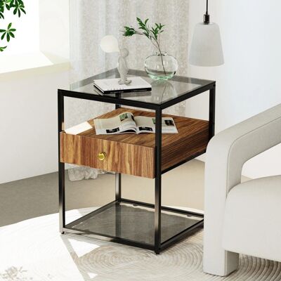 Beistelltisch aus gehärtetem Glas und Holz │ Moderner minimalistischer Nachttisch mit Holzschublade und Regalmöbel