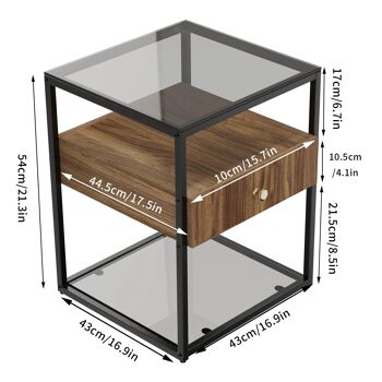 Table d'appoint en verre trempé et bois │ Table de chevet minimaliste moderne avec tiroir et étagère en bois 7