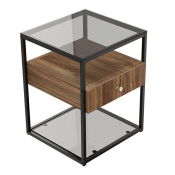 Table d'appoint en verre trempé et bois │ Table de chevet minimaliste moderne avec tiroir et étagère en bois 10