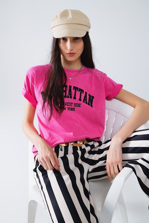 Short Sleeve T-shirt With Graphic Text Manhattan In Pink