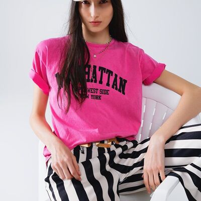 Camiseta De Manga Corta Con Texto Gráfico Manhattan En Rosa