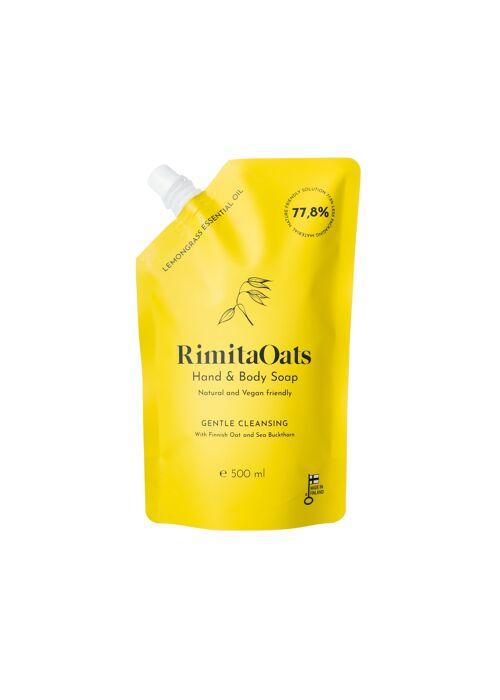RimitaOats Hand & Body Soap, Lemongrass Essential Oil, Re-Fill Pouch 500 Ml