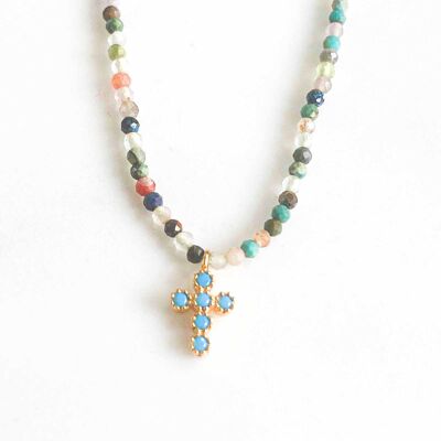 Collier mini pierres turquoise croix