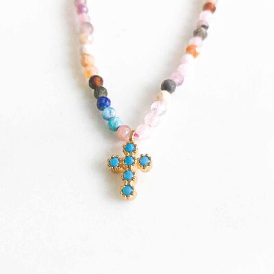 Mini pink stones cross necklace