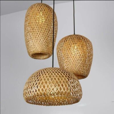 Juego de 3 lámparas de techo colgantes de bambú │ Iluminación artesanal de madera y ratán para decoración del hogar