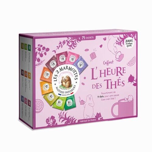 Coffret L'Heure des Thés - 75 sachets - Assortiment de 9 thés et rooibos - idéal pour cadeaux et dégustation - Les 2 Marmottes