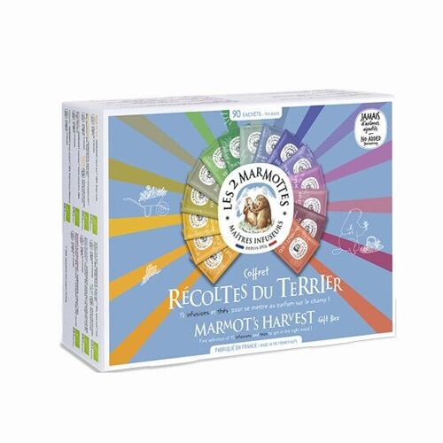 Coffret Récoltes du Terrier - 75 sachets - Assortiment de 15 infusions et thés - idéal pour cadeaux et dégustation - Les 2 Marmottes