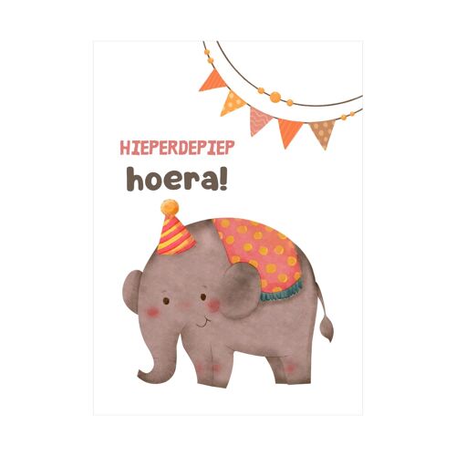 Postcard - Hip hip hooray! - Elephant wearing a party hat