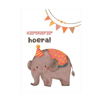 Carte postale - Hip hip hourra ! - Éléphant portant un chapeau de fête 1
