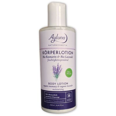 Loción corporal hidratante con romero ecológico y lavanda ecológica.