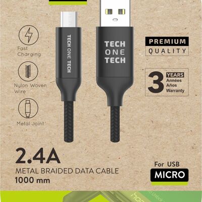Cable negro Nylon (USB-A a Micro USB) 1M 2,4A