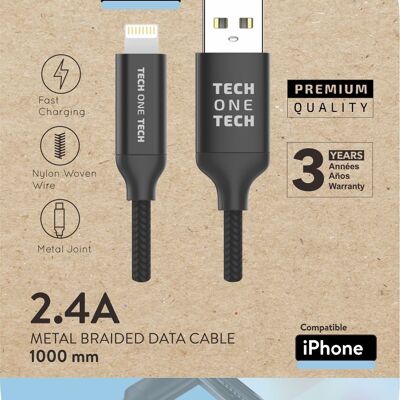 Cable negro Nylon (USB-A a Lightning/Apple) 1M 2,A