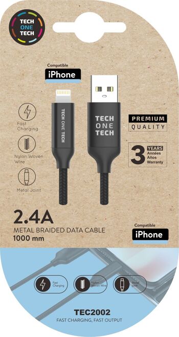 Câble en nylon noir (USB-A vers Lightning/Apple) 1M 2,A