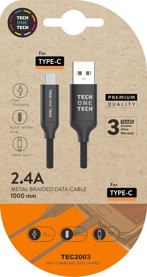 Cable negro Nylon (USB-A a USB-C), 1M 2,4A