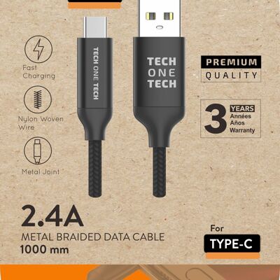 Câble en nylon noir (USB-A vers USB-C), 1M 2,4A