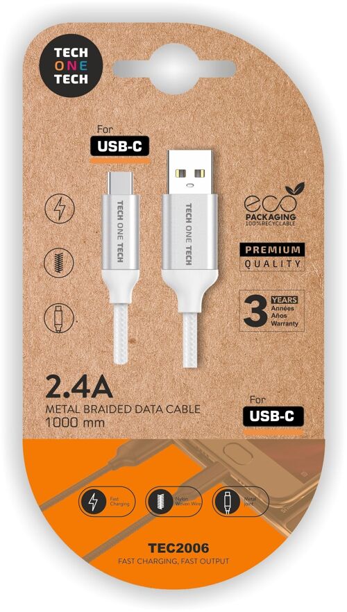 Cable blanco Nylon (USB-A a USB-C), 1M 2,4A