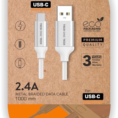 Cable blanco Nylon (USB-A a USB-C), 1M 2,4A