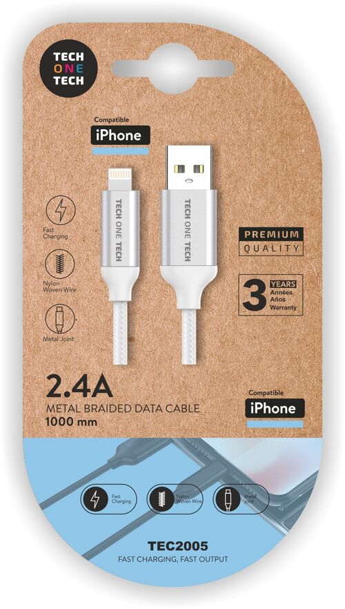 Cable blanco Nylon (USB-A a Lightn./Apple) 1M 2,4A