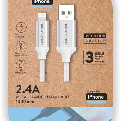 Cable blanco Nylon (USB-A a Lightn./Apple) 1M 2,4A