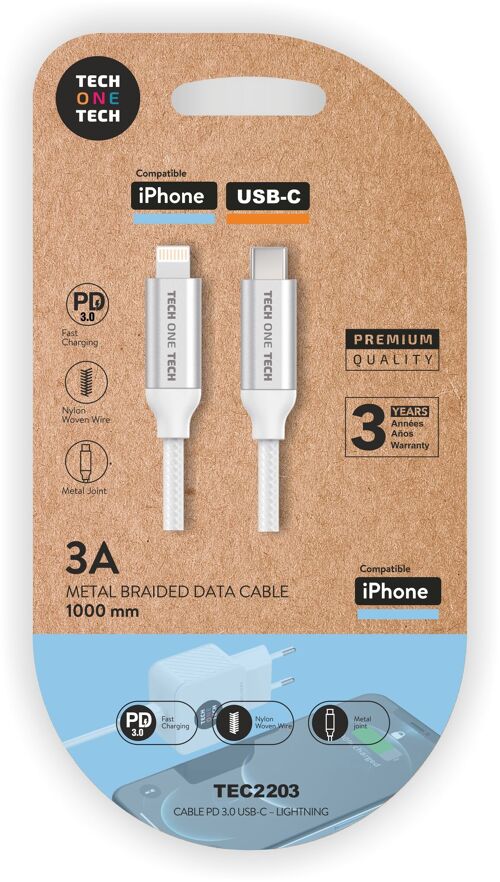 Cable PD Blan.(USB-C a Lightn/Apple) Nylon,1M 3A