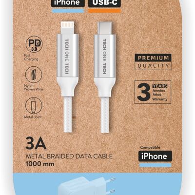 Câble PD blanc.(USB-C vers Lightn/Apple) Nylon, 1M 3A