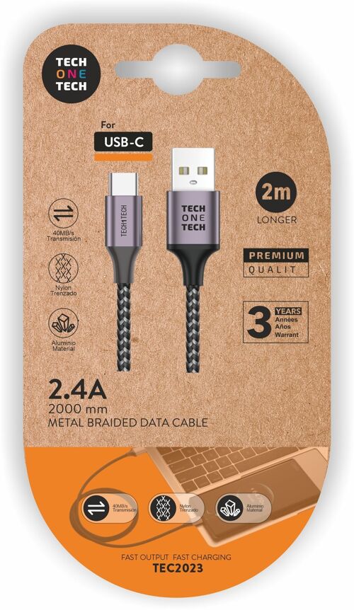 Cable Nylon gris 2m  (USB-A a USB-C) 2,4A